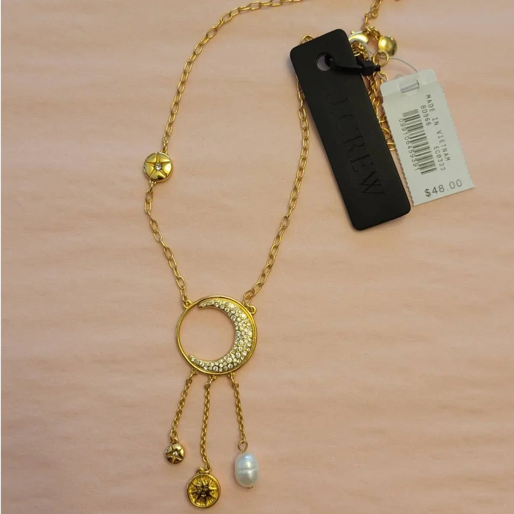 J. Crew - Long charm crescent moon gold pearl gold bohemian necklace
